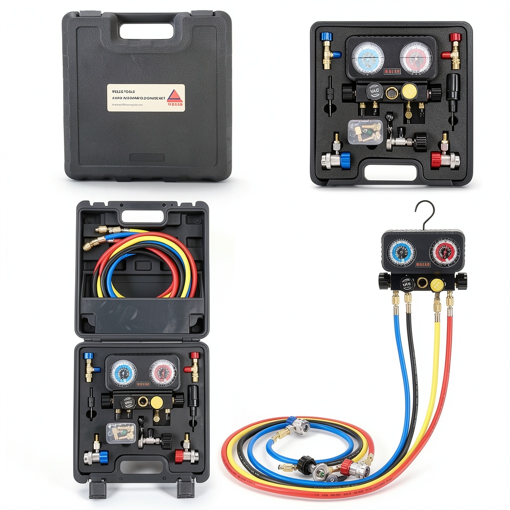 Installing Wells R134A Air Conditioning Manifold Gauge Kit on a wooden workbench