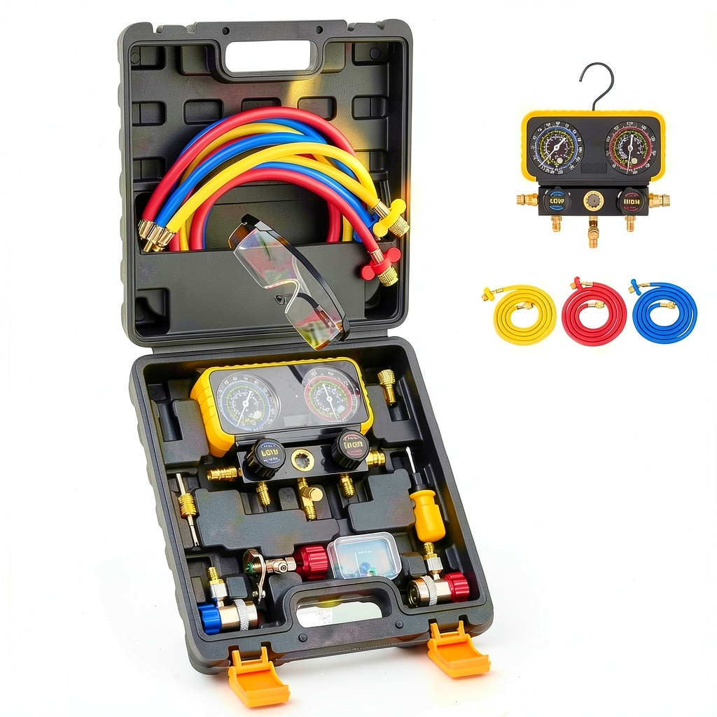 Installing Orion Motor Tech Air Conditioning Manifold Gauge Set on a wooden garage bench