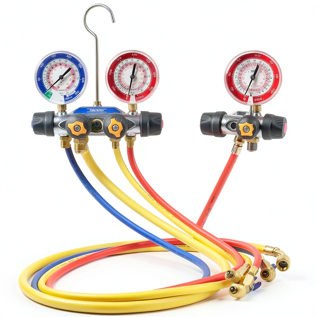 Installing Hihitomorrow 4‑Valve Charging Manifold for Automotive on a wooden workbench